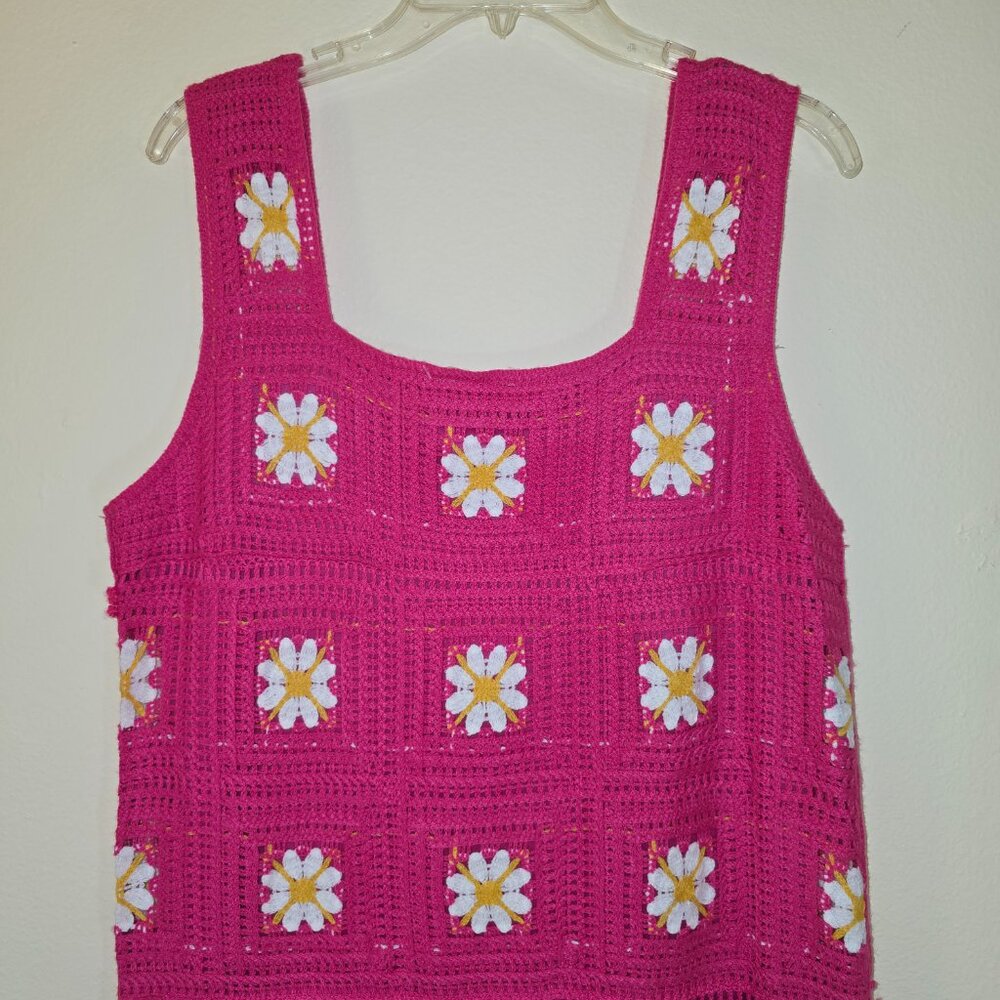 KIngs Road Pink Crochet Lined Dress SL Square Neck Large NWT - Picture 6 of 16